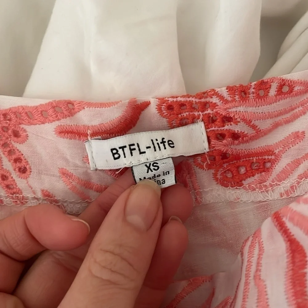 New White and Coral Maia 100% Cotton Embroidered High Waist Shorts